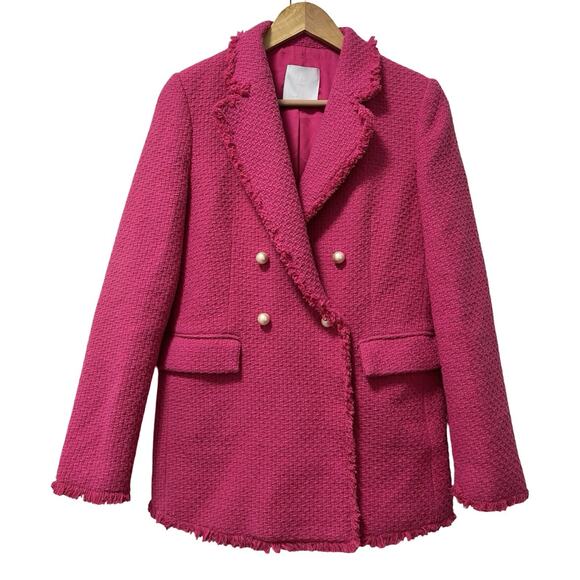 MNG Mango Double Breasted Tweed Jacket Size M Magenta Pearl Button Office Work - Picture 1 of 8